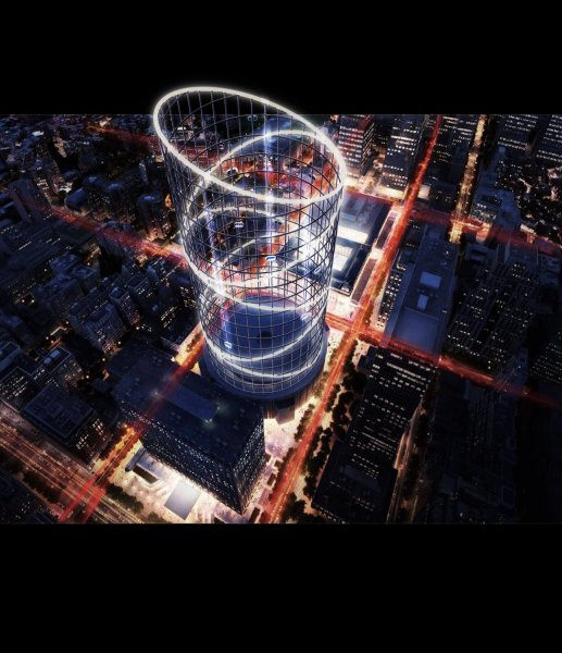 Der "Halo tower" in Manhattan bei Nacht