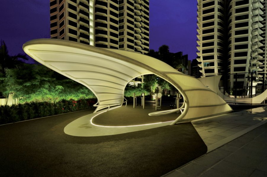 Several fabric pavilions within the development are simply illuminated with a soft glow from a floor light. The lighting strips are encapsulated in polymer to render them vandalproof.