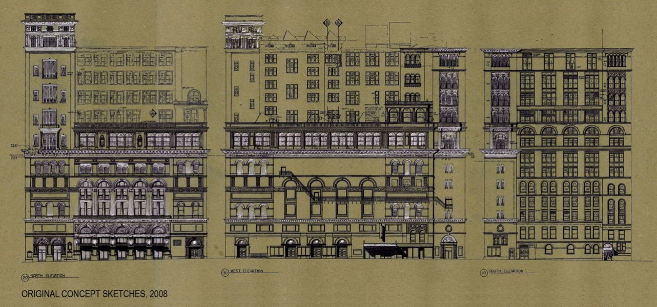 Design for the lighting of Carnegie Hall dating back to 2008. The structure of the facade is extremely irregular, which is underscored by the lighting design.